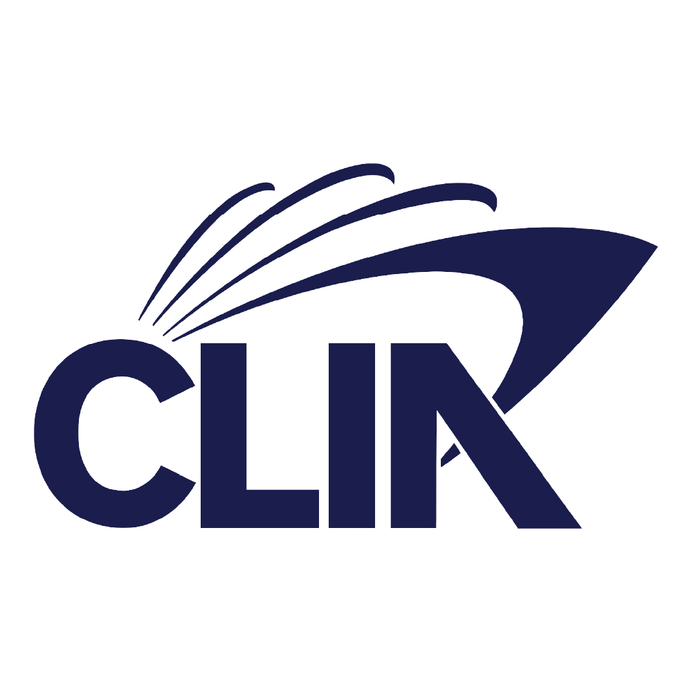 Logo for CLIA featuring a dark blue, ship-like design with curved lines above the letters "CLIA," embodying the elegance of luxury family travel.