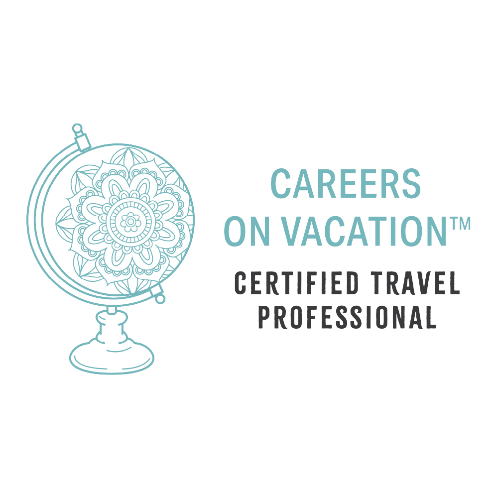 The Careers On Vacation Certified Travel Professional logo features a stylized globe with an intricate mandala design, perfect for a Luxury Family Travel Agent.