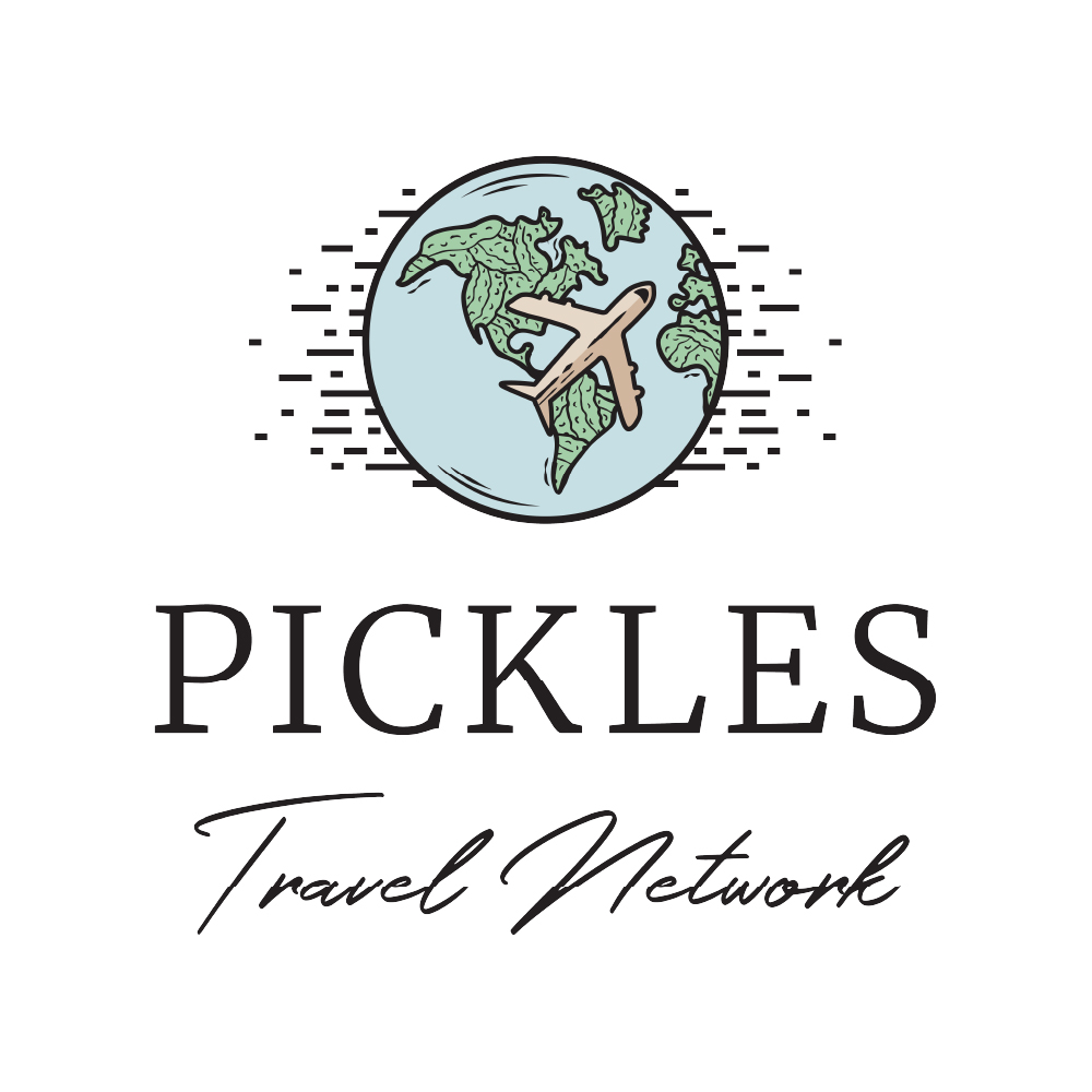 Logo of Pickles Travel Network featuring a stylized globe with a plane flying over it and the text "PICKLES Travel Network" below, representing your go-to luxury family travel agent.