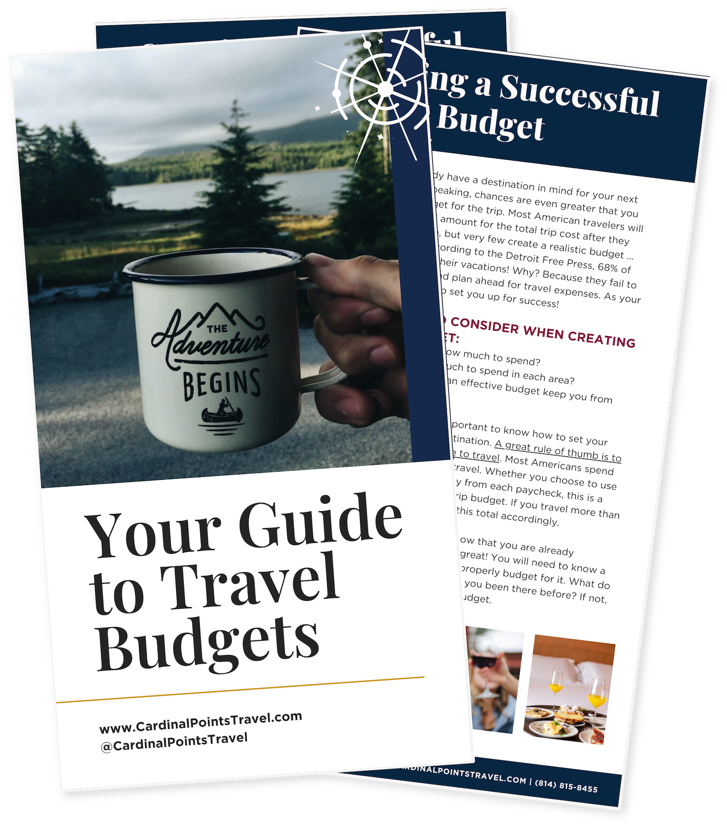 Three overlapping pages with titles: "Your Guide to Travel Budgets," showcasing a mug image, and "Creating a Successful Travel Budget," featuring budgeting tips from a luxury family travel agent.